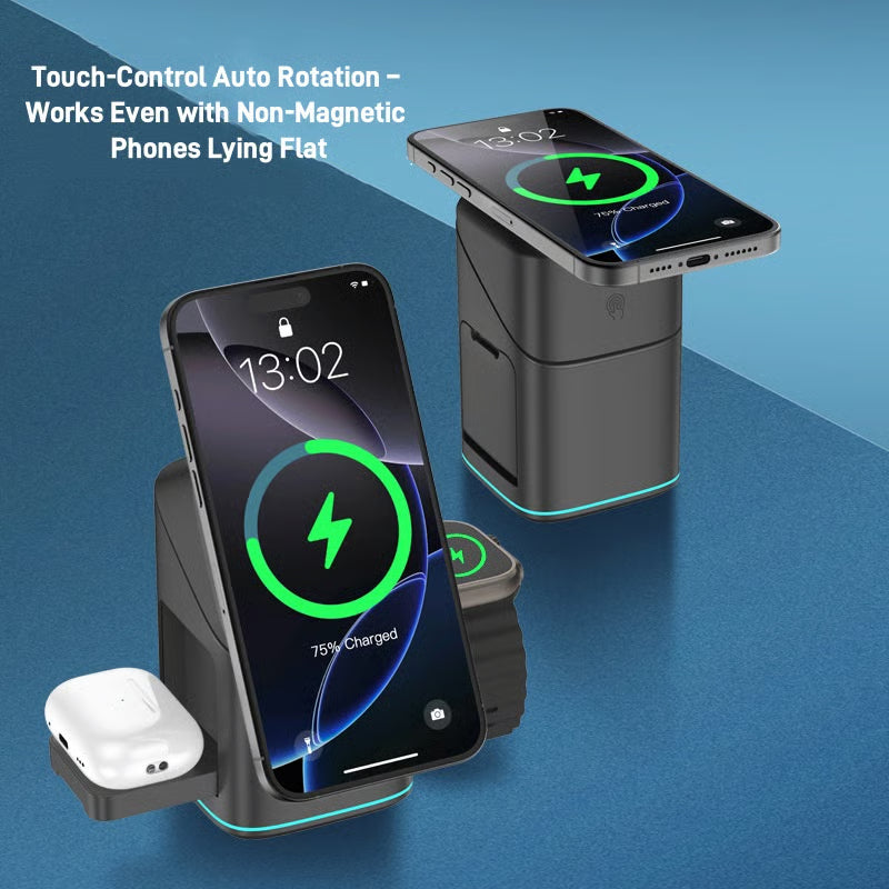 🔥Hot Sale🔥3-in-1 MagSafe Wireless Charging Station with Auto-Rotation – Works with iPhone, Samsung & All Qi-Enabled Devices
